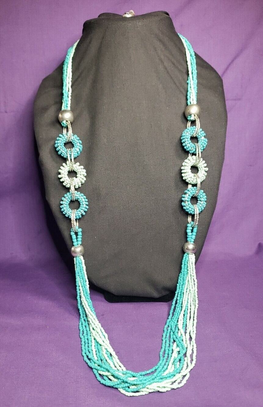 Erica Lyons Signed Turquoise and Mint Green Long Seed Bead Necklace, Silver Tone